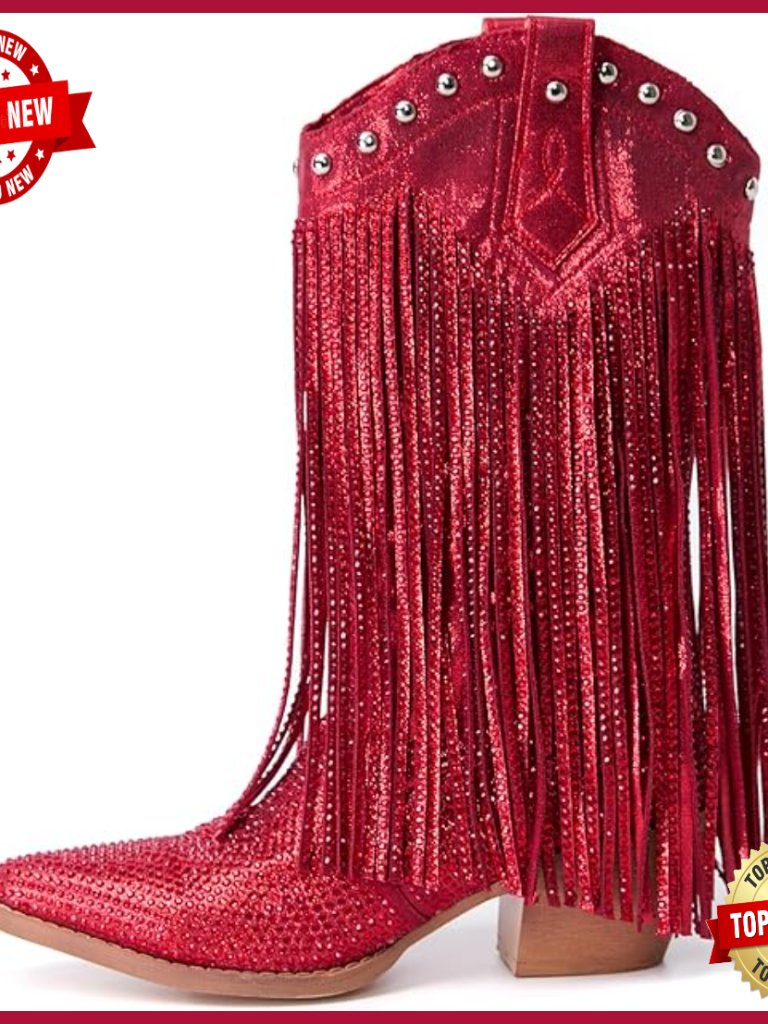 Chunky Heel Pointed Toe Ankle Boots Crystal Rivet Fringe Booties Party Concert